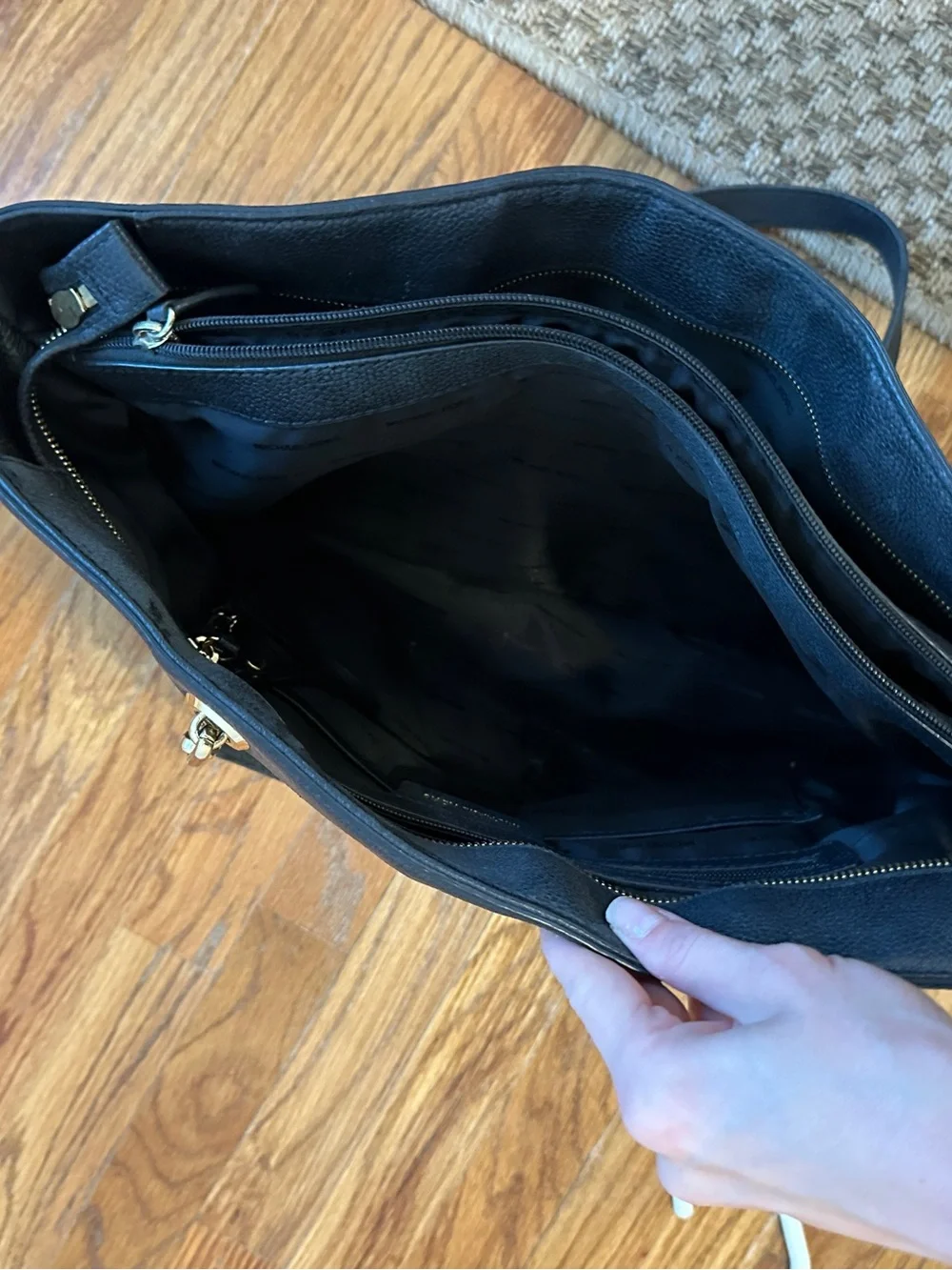 Michael Kors Black Pebble Leather Mercer / Kimberly Tote Bag with Gold Chain